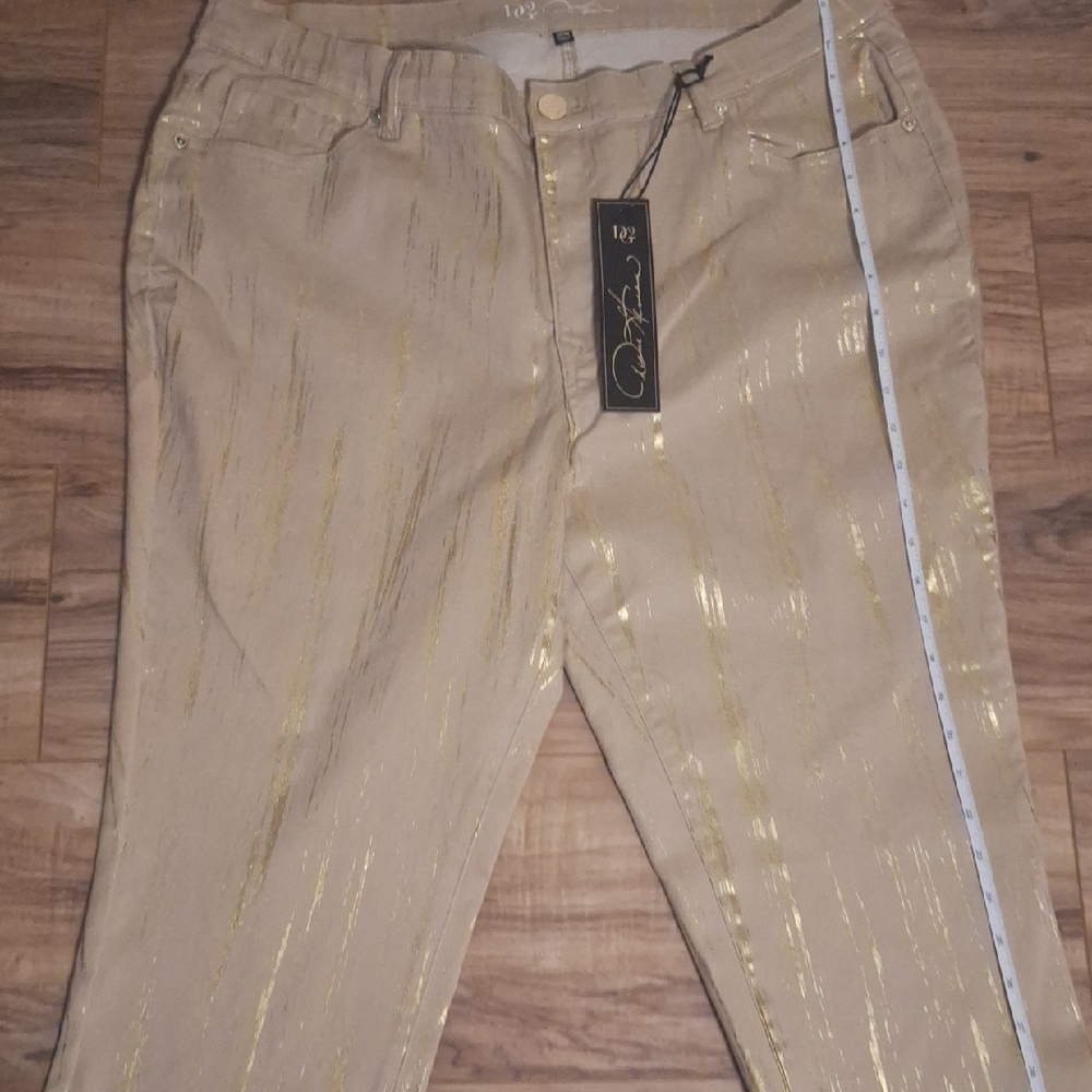 DG2 by Diane Gilman Gold-Accented Tan Straight Leg Pants